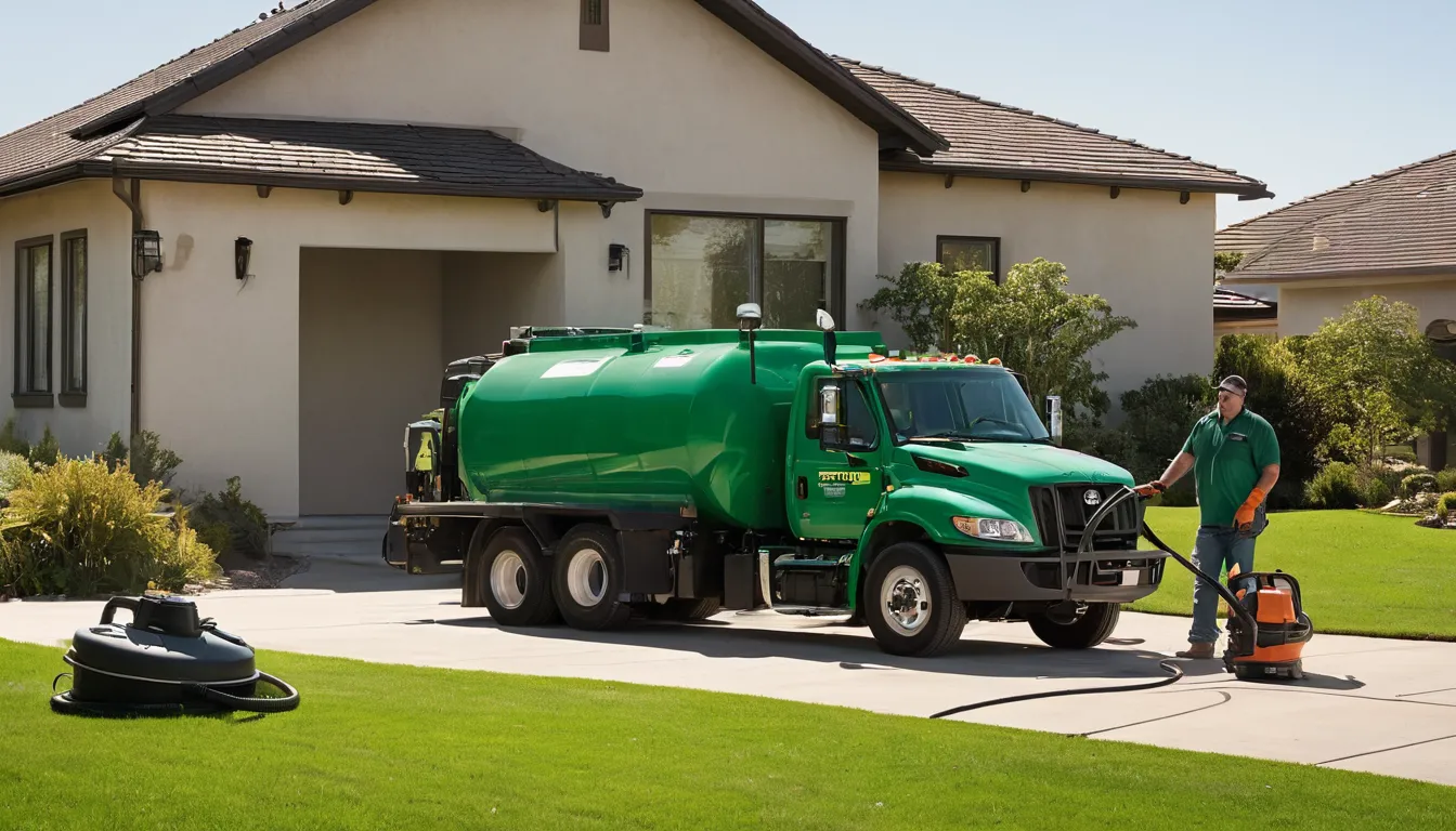 Friendly septic provider and homeowner reviewing a pumping truck hose near a residential yard in Roseville
